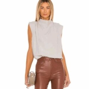 Amanda Uprichard Faux Leather Sleeveless Bodysuit- In Dove